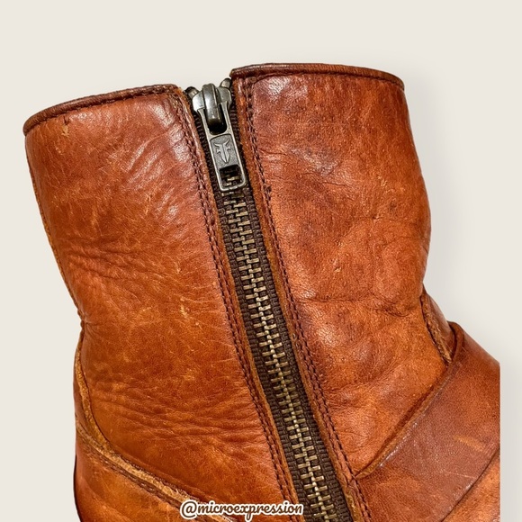 $389 Veronica Short Belted Cognac Leather Fringe Moto Vintage Combat Ankle Boot - Picture 11 of 15